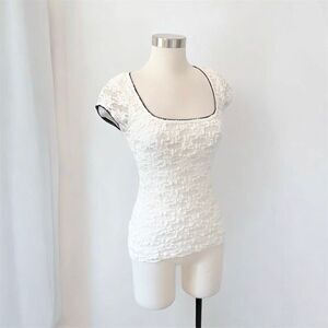 Wrapper VTG Y2K Top Blouse Square Neck White Black Lace Medium Short Sleeve Shir